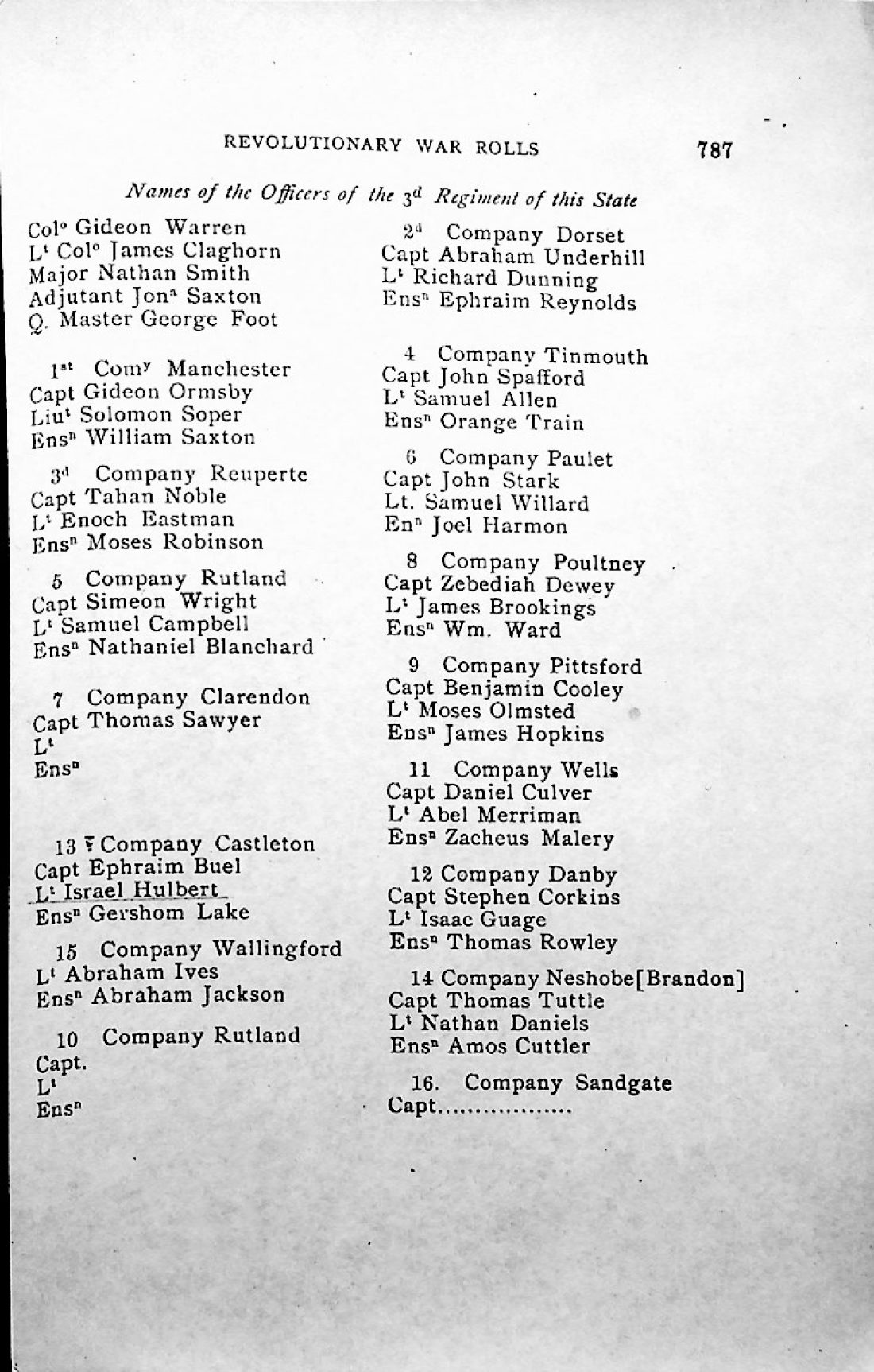 Rev War List of Officers of the 3rd Vermont Regiment